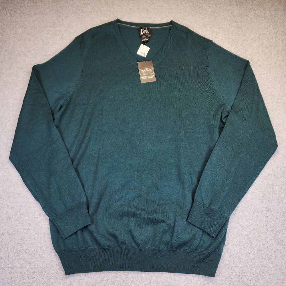 Jos A Bank Traveler‎ Mens XLT 100% Merino Wool V Neck Green Sweater Classic